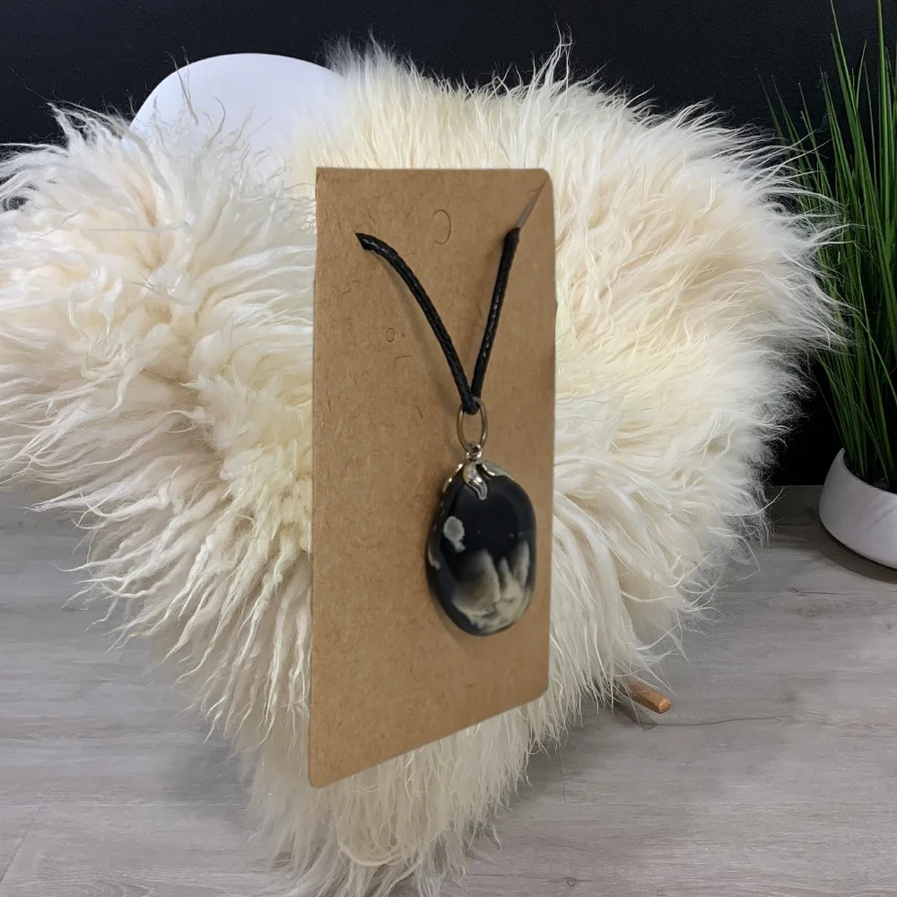 Black Agate Double Sided Pendant with Black Cord Necklace